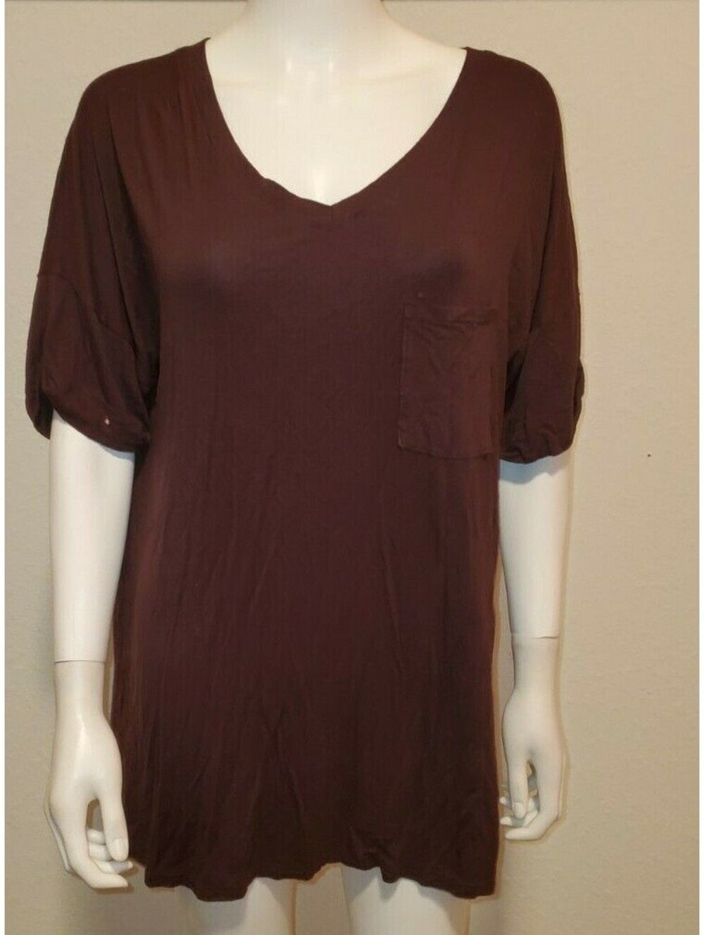 FASHION V NECK SHORT SLEEVE BROWN LOOSE SHIRT BLOUSE TOP SIZE: XL